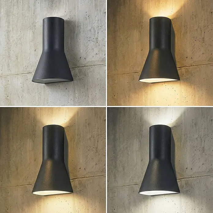 Lucande Außenwandleuchte Zephy - 7,5 x 15 x 21 cm, schwarz, schwarz, IP54 - Schwarze Metall-Wandleuchte in ausgestellter Form, an Betonwand montiert, aus- und beidseitig leuchtend dargestellt.