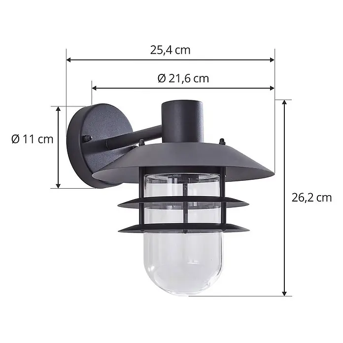 Lindby Außenwandleuchte Meliora - 25,4 x 21,6 x 26,2 cm, schwarz, klar / transparent, IP44 - Schwarze Metall-Außenwandleuchte mit klarem Glaskolben, 25,4 cm breit und 26,2 cm hoch.