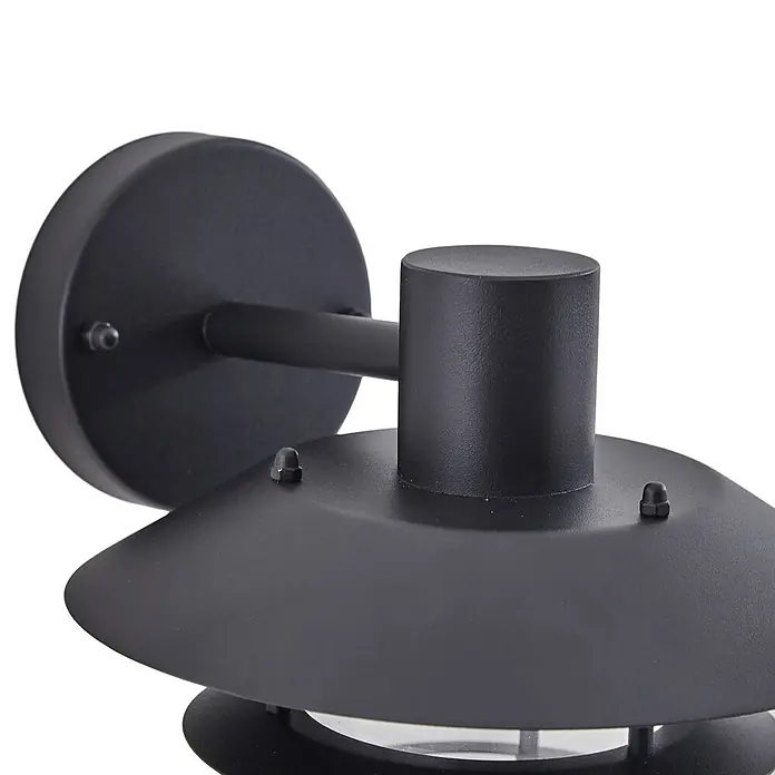 Lindby Außenwandleuchte Meliora - 25,4 x 21,6 x 26,2 cm, schwarz, klar / transparent, IP44 - Schwarze Metall-Außenwandleuchte mit runder Basis und kreisförmigem Schirm.