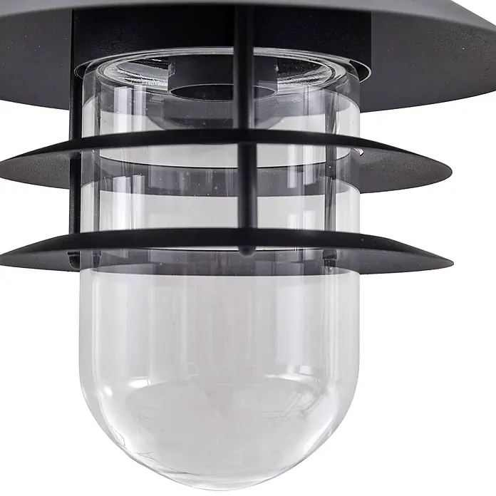 Lindby Außenwandleuchte Meliora - 25,4 x 21,6 x 26,2 cm, schwarz, klar / transparent, IP44 - Schwarze Außenleuchte aus Metall mit klarem Glasdiffusor und gestuftem Design.
