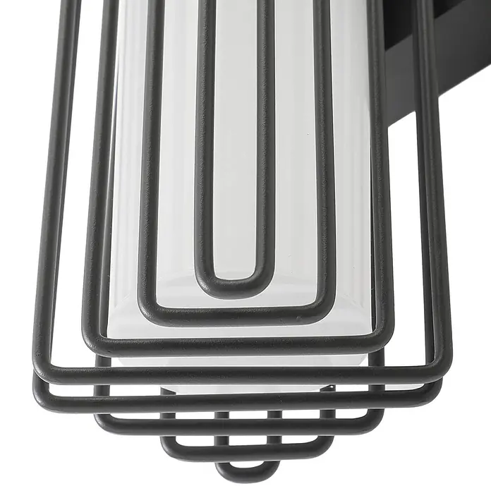 Lucande Außenwandleuchte Chandan - 13,6 x 10,6 x 41,9 cm, schwarz, schwarz, IP54 - Schwarze Metall-Außenleuchte mit geometrischem Käfigdesign und weißem zylindrischem Glasdiffusor.