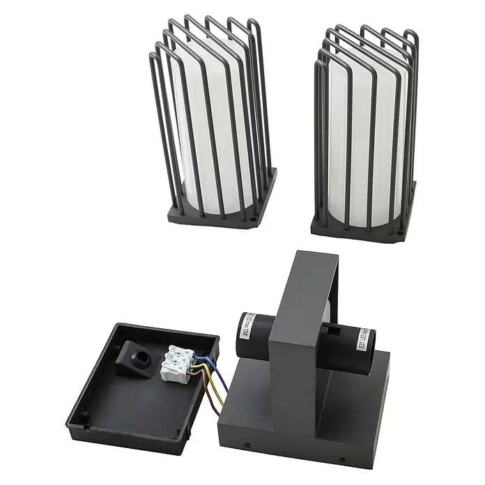 Lucande Außenwandleuchte Chandan - 13,6 x 10,6 x 41,9 cm, schwarz, schwarz, IP54 - Schwarze Metall-Außenwandleuchte mit Käfig, weißem Diffusor und internen E27 LED-Fassungen.