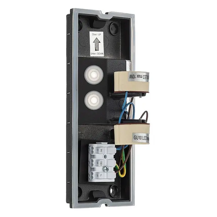 Lindby Wandleuchte aussen in schwarz, Aussenlampe Wand -  - Innenseite einer dunkelgrauen Außenwandleuchte mit zwei GU10 LED-Fassungen, Klemmenblock und Verkabelung, "UP"-Beschriftung.