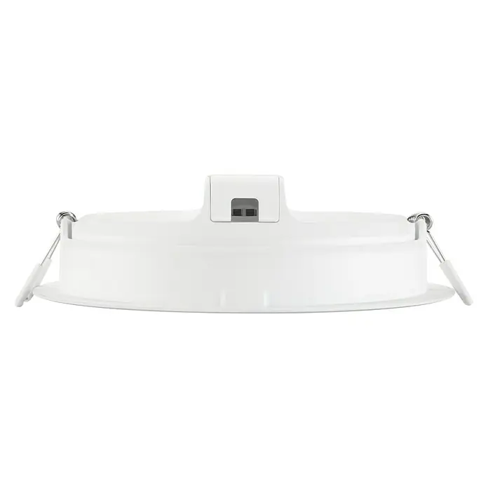 Philips Downlight empotrable LED redondo Meson - 17 W, Ø x Al: 16,5 x 4,7 cm, Blanco, Blanco neutro - Primer plano de una lámpara de techo LED redonda y blanca con clips de sujeción y un conector en el centro. Solución de iluminación moderna.