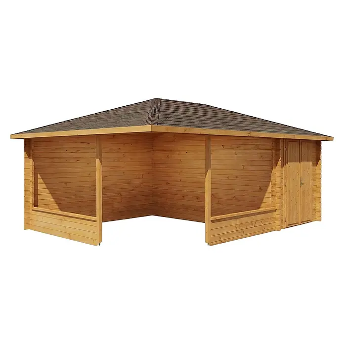 Alpholz Gartenlaube Maik - Außenmaß inkl. Dachüberstand (B x T): 585 x 415 cm, Holz, Pinie - Natürlicher Holzgartenpavillon mit braunem Schindeldach und funktionaler Doppeltür.