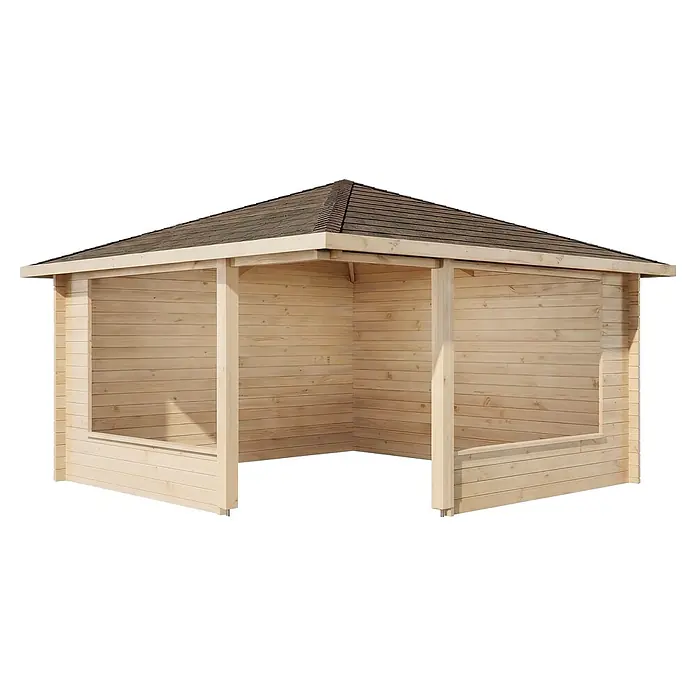 Alpholz Gartenlaube Maik 40 - Außenmaß inkl. Dachüberstand (B x T): 415 x 415 cm, Holz, Naturbelassen - Gartenpavillon aus hellem Holz mit offenen Seiten und dunklem Schindeldach.