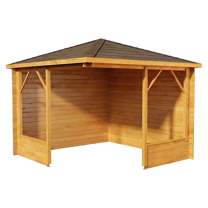 Alpholz Gartenlaube Maik 28 - Außenmaß inkl. Dachüberstand (B x T): 318 x 318 cm, Holz, Pinie - Pavillon aus hellem Naturholz mit dunklem Schindeldach, drei geschlossenen Wänden und offener Vorderseite mit Stützpfosten.