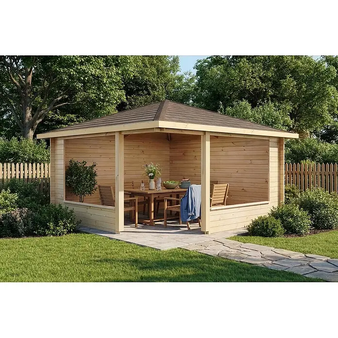 Alpholz Gartenlaube Maik 40 - Außenmaß inkl. Dachüberstand (B x T): 415 x 415 cm, Holz, Naturbelassen - Gartenpavillon aus Naturholz mit dunklem Dach und Esstisch, in einem grünen Garten.