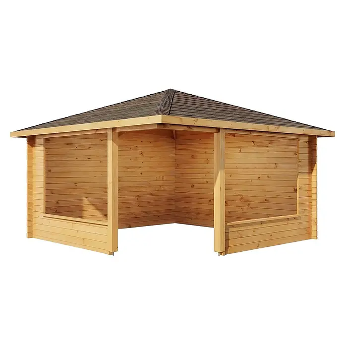Alpholz Gartenlaube Maik 40 - Außenmaß inkl. Dachüberstand (B x T): 415 x 415 cm, Holz, Pinie - Helles Holzhäuschen mit dunklem Schindeldach und offener Front für den Garten.
