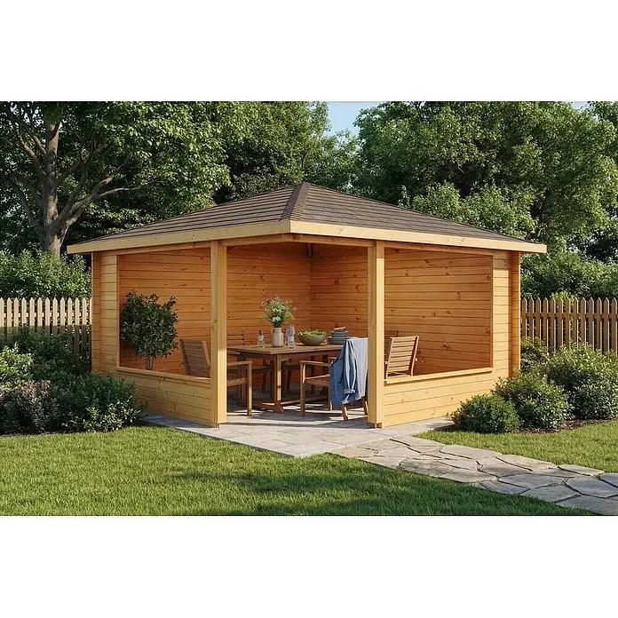 Alpholz Gartenlaube Maik 40 - Außenmaß inkl. Dachüberstand (B x T): 415 x 415 cm, Holz, Pinie - Helles Holzhäuschen mit dunklem Dach, eingerichtet mit Esstisch und Stühlen, auf Steinplatten in grüner Umgebung.