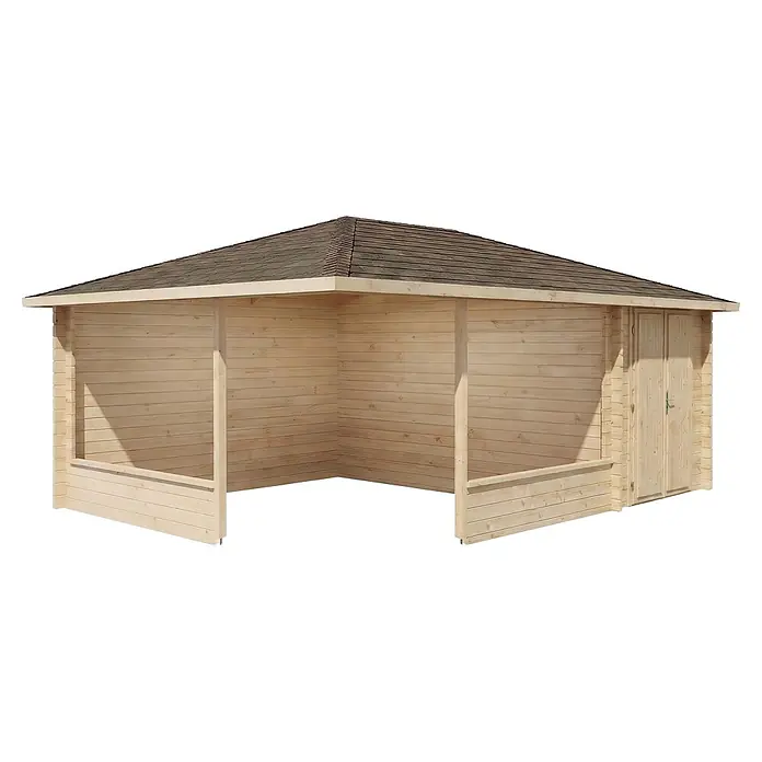 Alpholz Gartenlaube Maik - Außenmaß inkl. Dachüberstand (B x T): 585 x 415 cm, Holz, Naturbelassen - Leichter Holzgartenpavillon mit dunklem Dach und integriertem Geräteraum mit Doppeltüren.