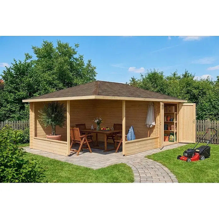 Alpholz Gartenlaube Maik - Außenmaß inkl. Dachüberstand (B x T): 585 x 415 cm, Holz, Naturbelassen - Heller Holz-Gartenpavillon mit offenem Sitzbereich, braunem Dach und integriertem Geräteschuppen.