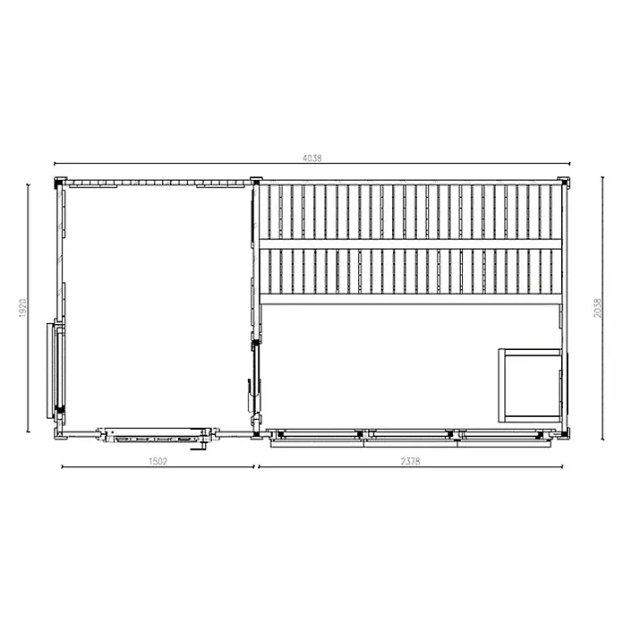FinnTherm Saunahaus Azalia - L x B x H: 224 x 423 x 259 cm - Grundriss eines rechteckigen Gebäudes, 4038x2038 mm, mit internen Regalen und genauen Maßen.