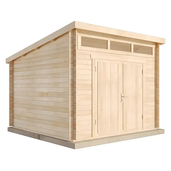 Alpholz Gartenhaus Maria Optima - Außenmaß inkl. Dachüberstand (B x T): 320 x 340 cm, Holz, Naturbelassen - Helles Holz-Gartenhaus mit Pultdach, Doppeltüren und Oberlichtern auf Betonfundament.
