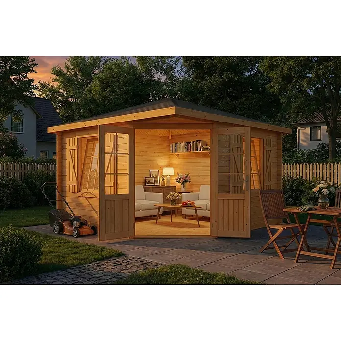 Alpholz Gartenhaus Monica Royal - Außenmaß inkl. Dachüberstand (B x T): 368 x 368 cm, Holz, Pinie - Gemütliches Gartenhaus aus Holz bei Sonnenuntergang, innen als Lounge eingerichtet, Türen offen zur Terrasse.