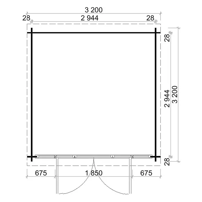 Alpholz Gartenhaus Maria Optima - Außenmaß inkl. Dachüberstand (B x T): 320 x 340 cm, Holz, Pinie - Grundriss einer quadratischen Struktur, außen 3200x3200mm, mit einer 1850mm breiten Doppeltür.