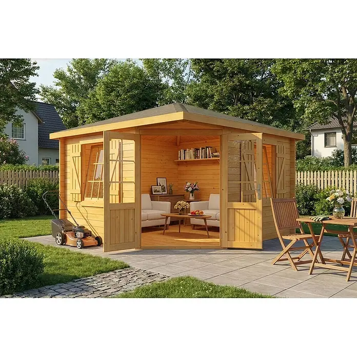 Alpholz Gartenhaus Monica Royal - Außenmaß inkl. Dachüberstand (B x T): 368 x 368 cm, Holz, Pinie - Helles Holzgartenhaus, als gemütliche Gartenoase genutzt, mit offener Tür zu Möbeln und Terrasse.