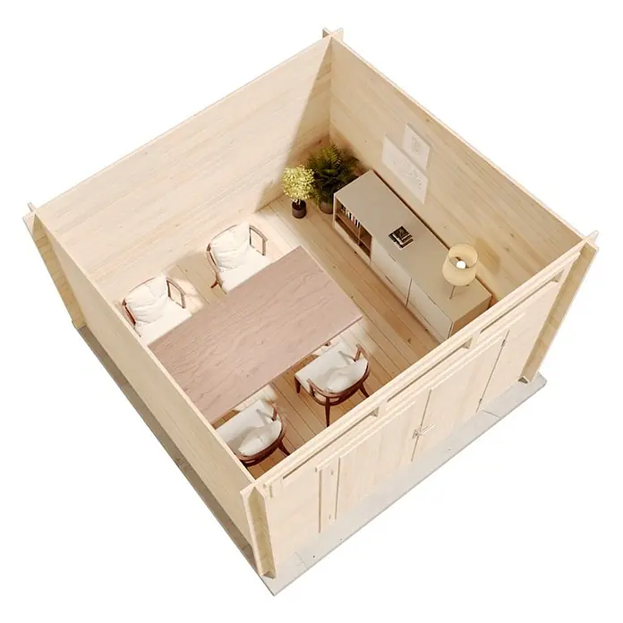 Alpholz Gartenhaus Maria Optima - Außenmaß inkl. Dachüberstand (B x T): 320 x 340 cm, Holz, Naturbelassen - Helles Holz Gartenbüro-Interieur mit Tisch und Stühlen.
