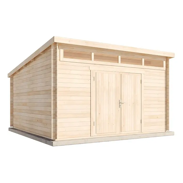 Alpholz Gartenhaus Maria Viva - Außenmaß inkl. Dachüberstand (B x T): 420 x 440 cm, Holz, Naturbelassen - Hellholz-Gartenschuppen mit Doppeltür, Oberlichtern und Pultdach auf Betonfundament.