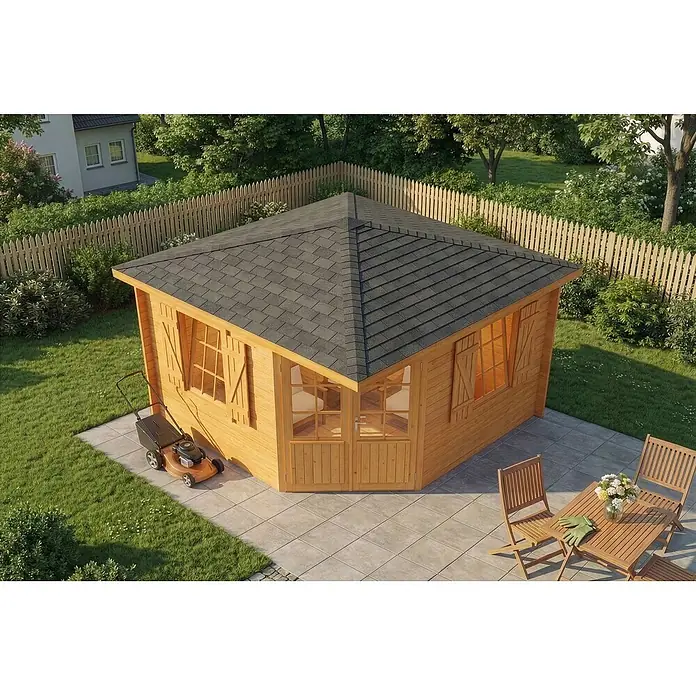 Alpholz Gartenhaus Monica Royal - Außenmaß inkl. Dachüberstand (B x T): 368 x 368 cm, Holz, Pinie - Achteckiger Holzgartenpavillon mit dunklem Schindeldach, Fenstern und Doppeltüren, auf einer Terrasse in einem grünen Garten.