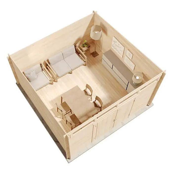 Alpholz Gartenhaus Maria Viva - Außenmaß inkl. Dachüberstand (B x T): 420 x 440 cm, Holz, Naturbelassen - Heller Holzkabinen-Innenraum, eingerichtet mit Sofa, Sessel, Esstisch und Sideboard.