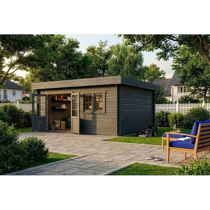 Alpholz Gartenhaus Spree B - Außenmaß inkl. Dachüberstand (B x T): 520 x 420 cm, Holz, Grau - Dunkelgrauer Holz-Gartenschuppen mit offener Tür und Fenster, Stauraum innen, auf einer Terrasse im sonnigen Garten.