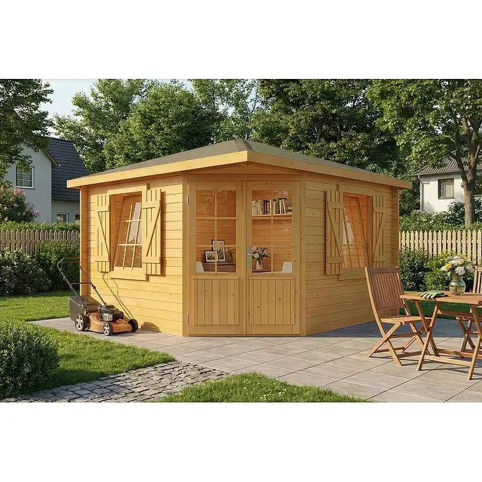 Alpholz Gartenhaus Monica Royal - Außenmaß inkl. Dachüberstand (B x T): 368 x 368 cm, Holz, Pinie - Gartenhaus aus Naturholz mit Fenstern und Doppeltüren, auf einer Terrasse im Garten.