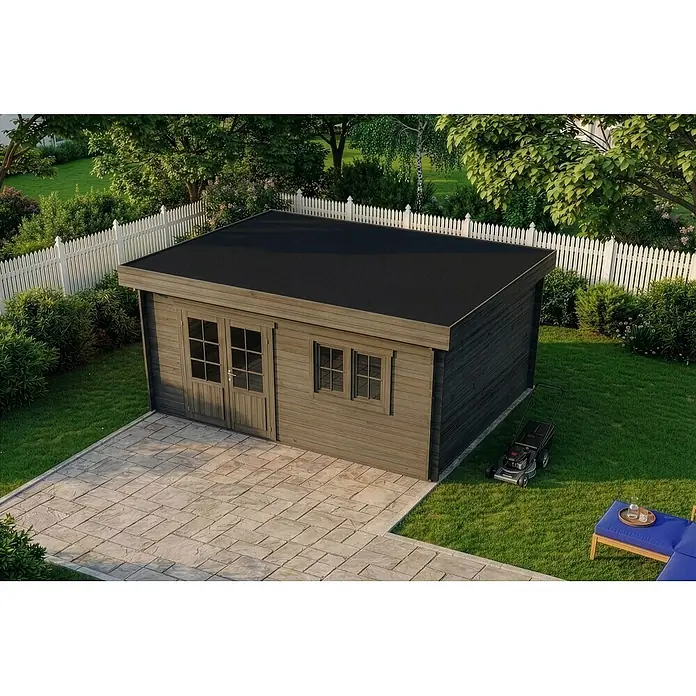 Alpholz Gartenhaus Spree B - Außenmaß inkl. Dachüberstand (B x T): 520 x 420 cm, Holz, Grau - Holzhütte mit flachem schwarzem Dach, Doppeltüren und Fenstern, auf einer Terrasse platziert.