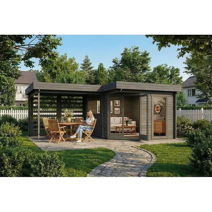 Alpholz Gartenhaus Pepe Optima - Außenmaß inkl. Dachüberstand (B x T): 618 x 462 cm, Holz, Grau - Modernes, dunkelgraues Holz-Gartenhaus mit integrierter Pergola, genutzt als Outdoor-Wohn- und Essbereich.