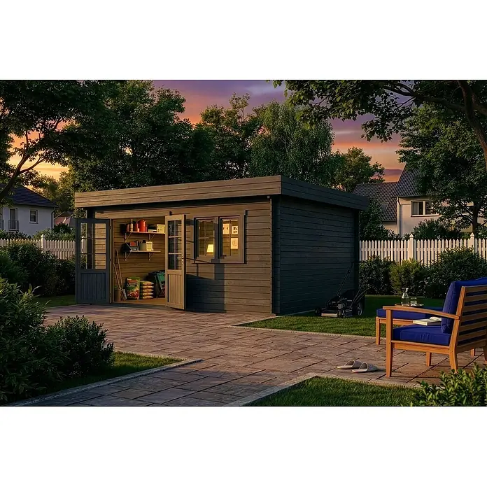 Alpholz Gartenhaus Spree B - Außenmaß inkl. Dachüberstand (B x T): 520 x 420 cm, Holz, Grau - Dunkelbrauner Holzgartenhaus mit offener Tür, die Gartenutensilien im Inneren zeigt, auf einer gepflasterten Terrasse.
