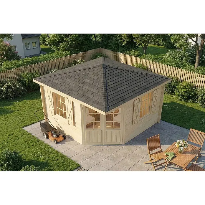 Alpholz Gartenhaus Monica Royal - Außenmaß inkl. Dachüberstand (B x T): 368 x 368 cm, Holz, Naturbelassen - Helles Gartenhaus aus Holz mit dunkelgrauem Schindeldach, in einem sonnigen Garten mit Rasenmäher und Gartenmöbeln.