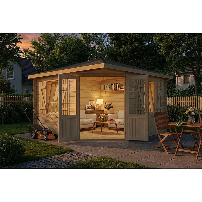 Alpholz Gartenhaus Monica Royal - Außenmaß inkl. Dachüberstand (B x T): 368 x 368 cm, Holz, Naturbelassen - Gemütliches Gartenhaus aus hellem Holz mit offener Tür, zeigt eingerichtetes Inneres und eine Terrasse mit Sitzgruppe.