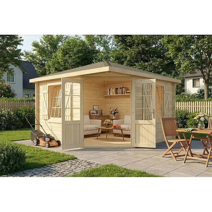 Alpholz Gartenhaus Monica Royal - Außenmaß inkl. Dachüberstand (B x T): 368 x 368 cm, Holz, Naturbelassen - Helles Holzgartenhaus mit offenen Türen, als Außenzimmer zur Entspannung in grünem Garten eingerichtet.
