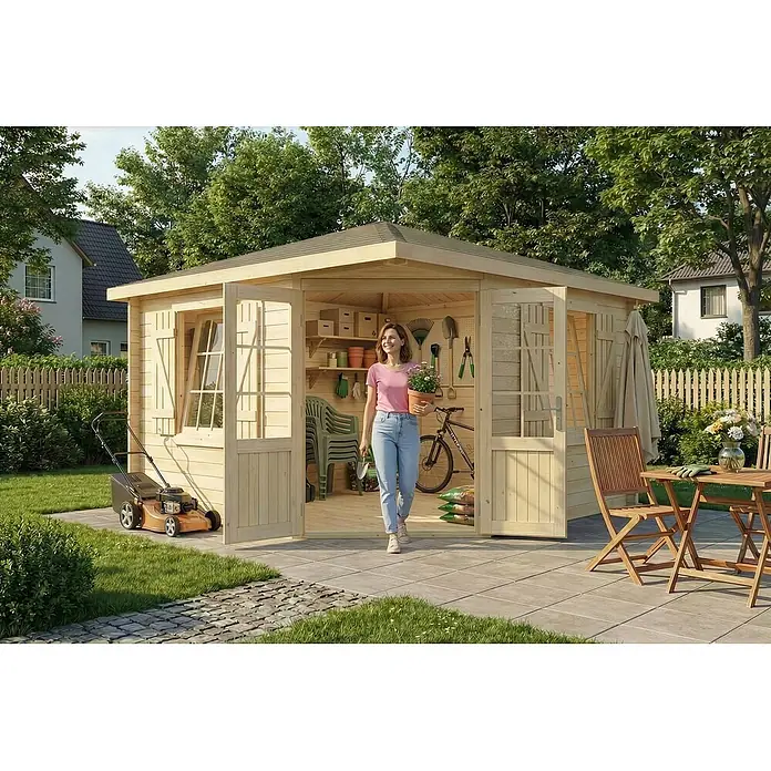 Alpholz Gartenhaus Monica Royal - Außenmaß inkl. Dachüberstand (B x T): 368 x 368 cm, Holz, Naturbelassen - Gartenhaus aus hellem Naturholz, eine Frau kommt mit einer Pflanze heraus, zeigt es als Stauraum und Wohnbereich im Freien.