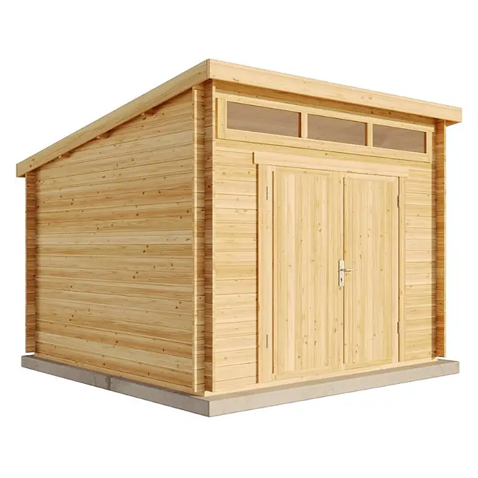 Alpholz Gartenhaus Maria Optima - Außenmaß inkl. Dachüberstand (B x T): 320 x 340 cm, Holz, Pinie - Helles Holz-Gartenhaus mit Pultdach, Doppeltüren und Oberlichtfenstern.