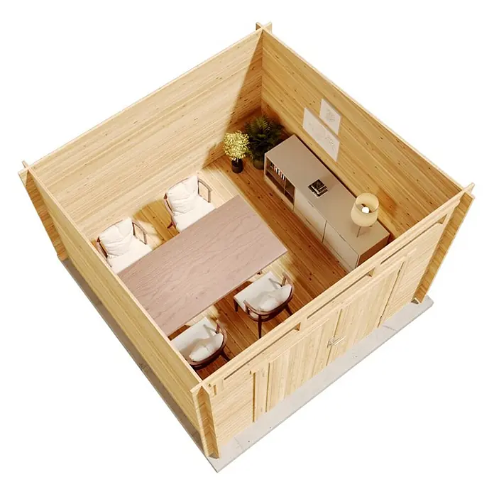 Alpholz Gartenhaus Maria Optima - Außenmaß inkl. Dachüberstand (B x T): 320 x 340 cm, Holz, Pinie - Draufsicht auf ein helles Holzhütten-Interieur, eingerichtet als modernes Büro oder Besprechungsraum mit großem Tisch und Stühlen.