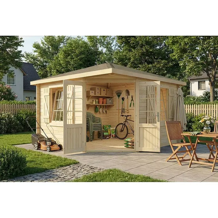 Alpholz Gartenhaus Monica Royal - Außenmaß inkl. Dachüberstand (B x T): 368 x 368 cm, Holz, Naturbelassen - Helles Holz-Gartenhaus mit offenen Türen, für Gartengeräte, Fahrrad und Outdoor-Sitzgelegenheiten auf einer Terrasse.