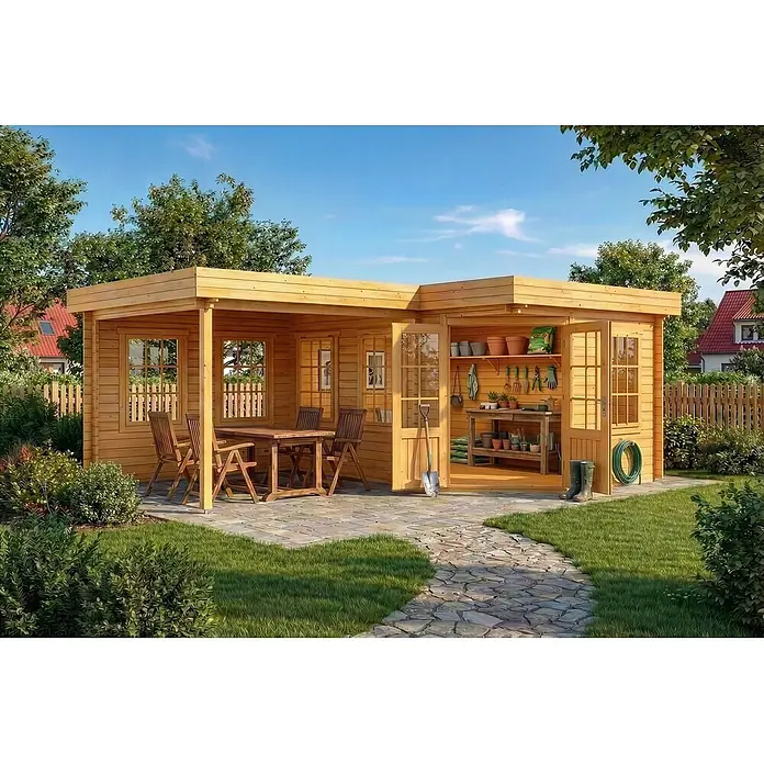 Alpholz Gartenhaus Pepe - Außenmaß inkl. Dachüberstand (B x T): 618 x 462 cm, Holz, Pinie - L-förmiges helles Gartenhaus aus Holz mit überdachter Terrasse und integriertem Geräteschuppen.