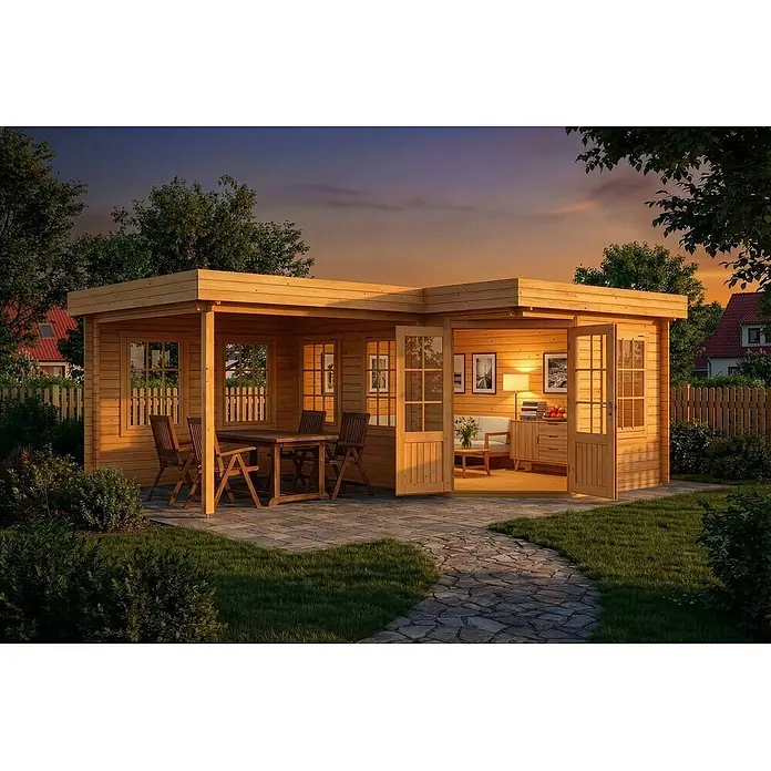 Alpholz Gartenhaus Pepe - Außenmaß inkl. Dachüberstand (B x T): 618 x 462 cm, Holz, Pinie - L-förmiges Holzgartenhaus mit Essbereich im Freien und beleuchtetem Innenraum, in einem Garten bei Sonnenuntergang.