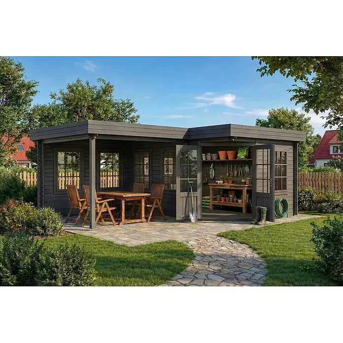 Alpholz Gartenhaus Pepe - Außenmaß inkl. Dachüberstand (B x T): 618 x 462 cm, Holz, Grau - Dunkelgraues L-förmiges Holzgartenhaus mit integrierter Terrasse und Gartenmöbeln, dient als Gartenraum und Geräteschuppen.
