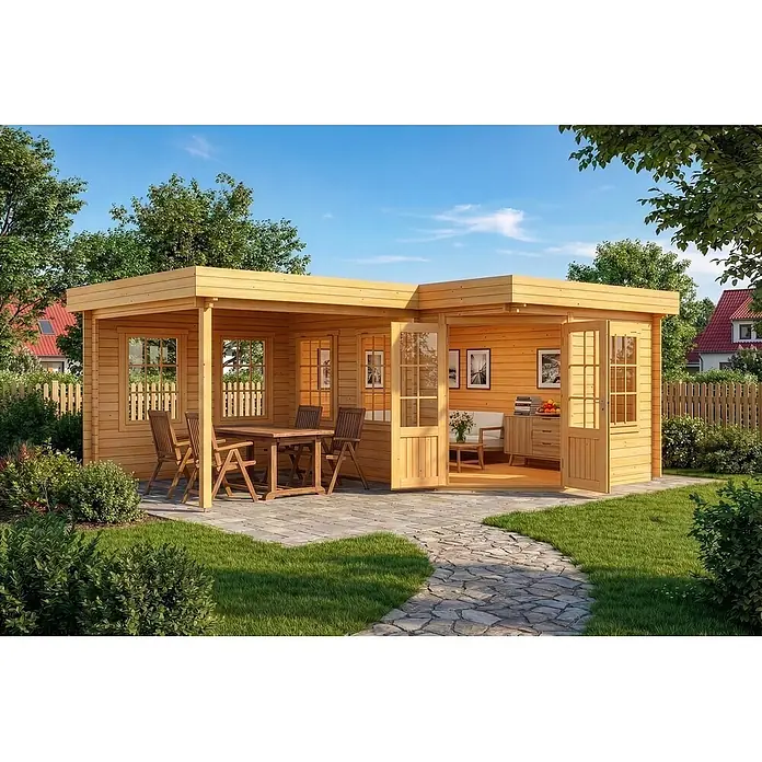 Alpholz Gartenhaus Pepe - Außenmaß inkl. Dachüberstand (B x T): 618 x 462 cm, Holz, Pinie - L-förmiges Gartenhaus aus hellem Holz mit Essbereich im Freien und Innenwohnraum.