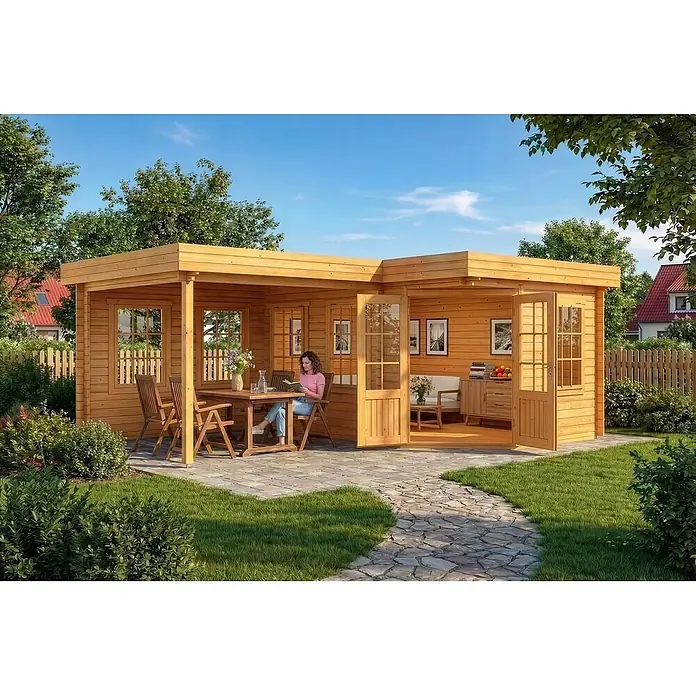 Alpholz Gartenhaus Pepe - Außenmaß inkl. Dachüberstand (B x T): 618 x 462 cm, Holz, Pinie - L-förmiges Gartenhaus aus hellem Holz mit Flachdach und Sitzbereich im Freien, wo eine Frau liest.