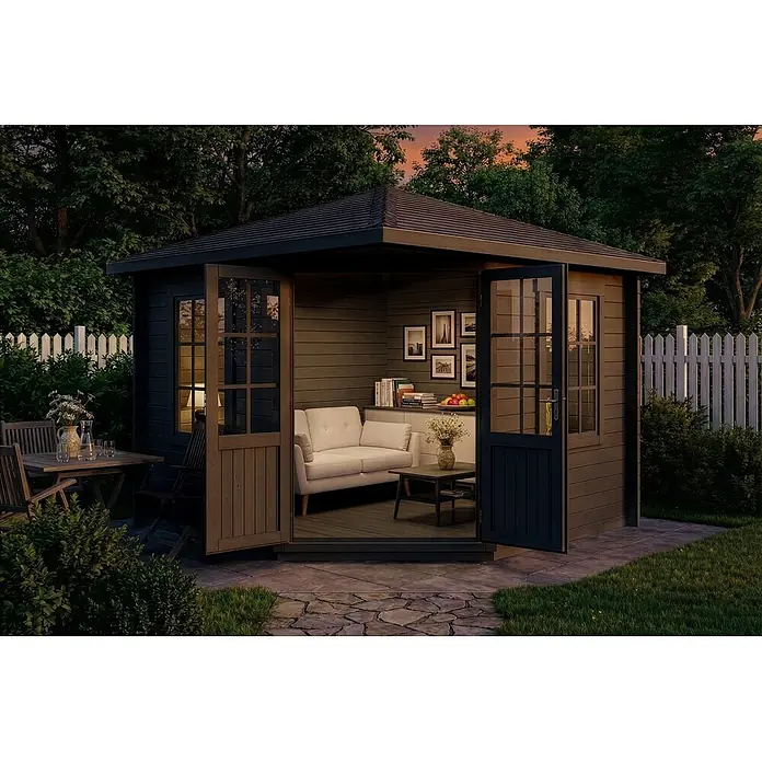 Alpholz Gartenhaus Monica - Außenmaß inkl. Dachüberstand (B x T): 320 x 320 cm, Holz, Grau - Dunkler Gartenpavillon mit offenen Glastüren, eingerichtet mit hellem Sofa, als gemütlicher Wohnraum im Freien bei Dämmerung.