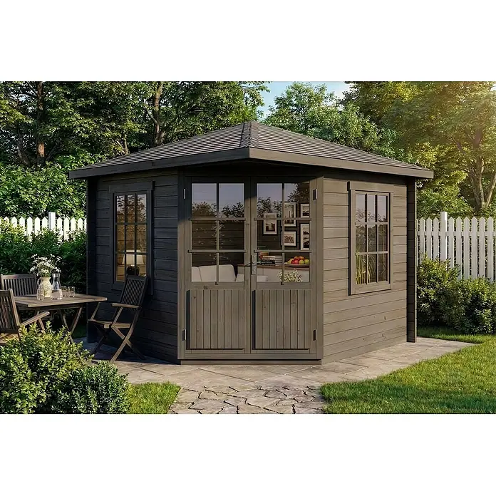 Alpholz Gartenhaus Monica - Außenmaß inkl. Dachüberstand (B x T): 320 x 320 cm, Holz, Grau - Dunkelgraues Gartenhaus aus Holz mit Fenstern und Doppeltüren auf einer Terrasse mit Gartenmöbeln.