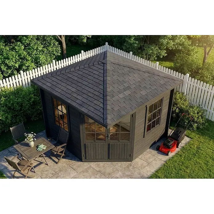 Alpholz Gartenhaus Monica - Außenmaß inkl. Dachüberstand (B x T): 320 x 320 cm, Holz, Grau - Dunkelgraues achteckiges Gartenhaus mit Schindeldach im Garten, Gartenmöbel und Rasenmäher in der Nähe.