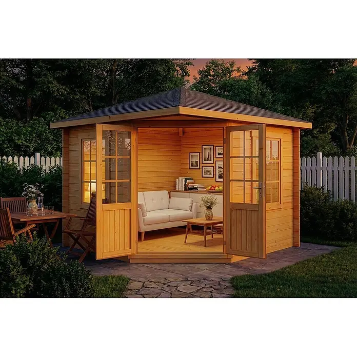 Alpholz Gartenhaus Monica - Außenmaß inkl. Dachüberstand (B x T): 320 x 320 cm, Holz, Pinie - Gemütliches Gartenhaus aus Holz mit dunklem Dach, innen mit Sofa und außen mit Esstisch, abends beleuchtet.