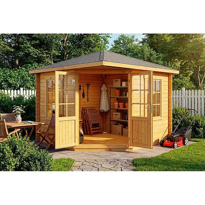 Alpholz Gartenhaus Monica - Außenmaß inkl. Dachüberstand (B x T): 320 x 320 cm, Holz, Pinie - Helles Holzgartenhaus mit offenen Doppeltüren, innen Regale und Werkzeuge, dazu ein Zaun.