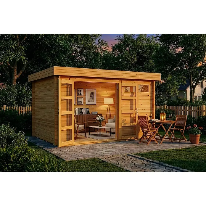 Alpholz Gartenhaus Leandro - Außenmaß inkl. Dachüberstand (B x T): 394 x 268 cm, Holz, Pinie - Gartenschuppen aus hellem Holz mit geöffneten Türen, möbliertem Innenbereich und Sitzgelegenheiten im Freien auf einer Terrasse.