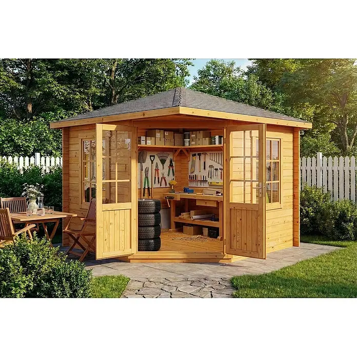 Alpholz Gartenhaus Monica - Außenmaß inkl. Dachüberstand (B x T): 320 x 320 cm, Holz, Pinie - Gartenhütte aus Holz mit offenen Türen, die Werkzeuge und eine Werkbank zeigen, neben Gartenmöbeln.