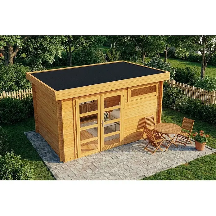 Alpholz Gartenhaus Leandro - Außenmaß inkl. Dachüberstand (B x T): 394 x 268 cm, Holz, Pinie - Holzhütte mit schwarzem Dach auf gepflasterter Terrasse, mit Doppeltüren und Fenstern, daneben eine Gartensitzgruppe.